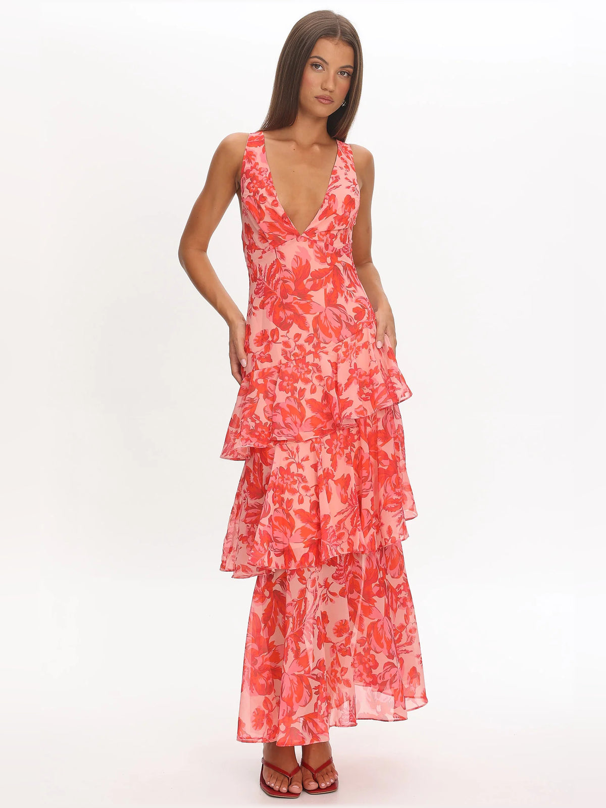 Red midi formal dress with ruffle details, alternate view showing the hem