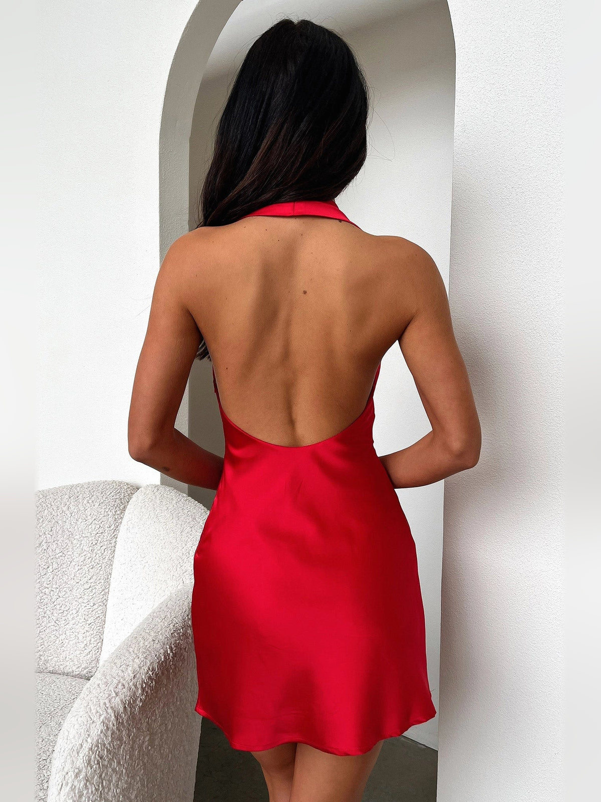 Ivory white mini homecoming dress, alternate view showing the full-length profile