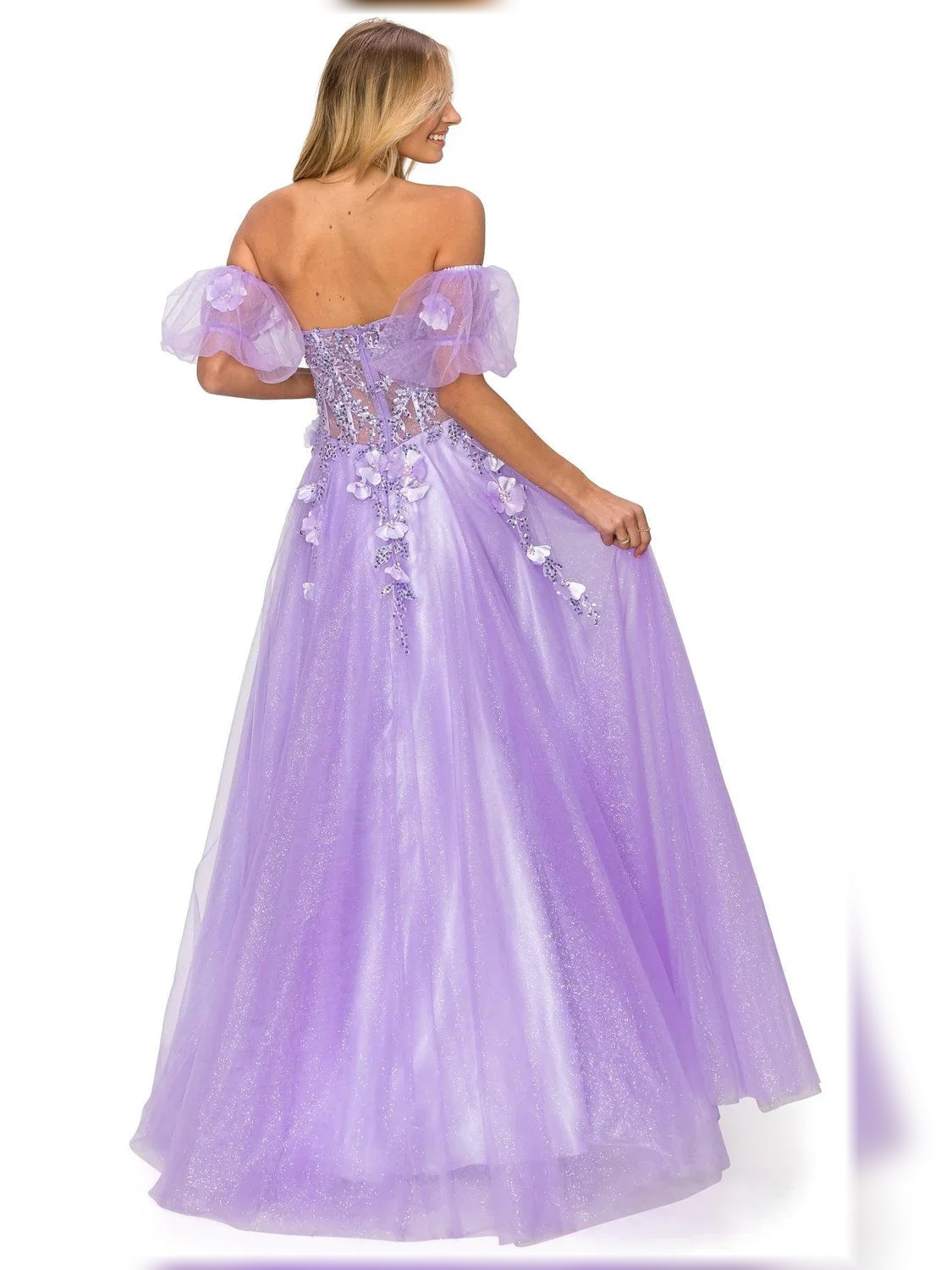 Blue a-line floor-length formal dress with corset-style bodice, alternate view showing the hem