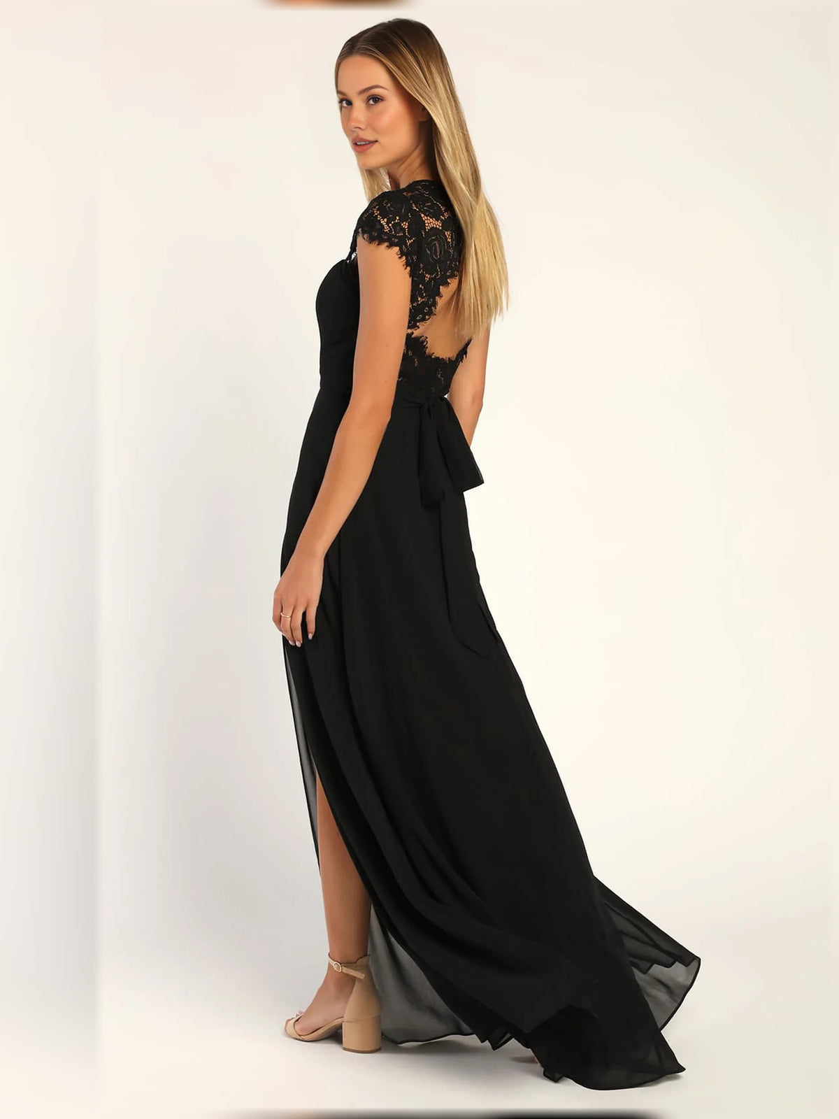 Blush Pink maxi bridesmaid dress, alternate view showing the full-length profile