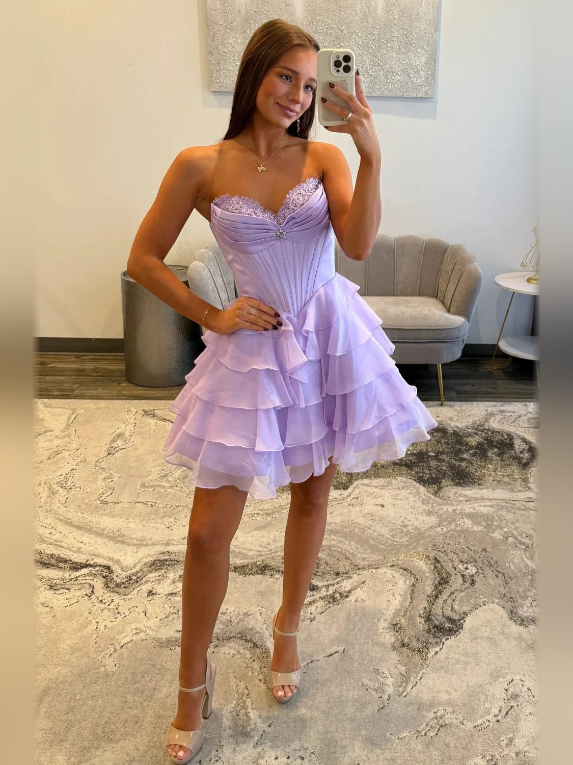 Lilac short homecoming dress, alternate view showing the full-length profile