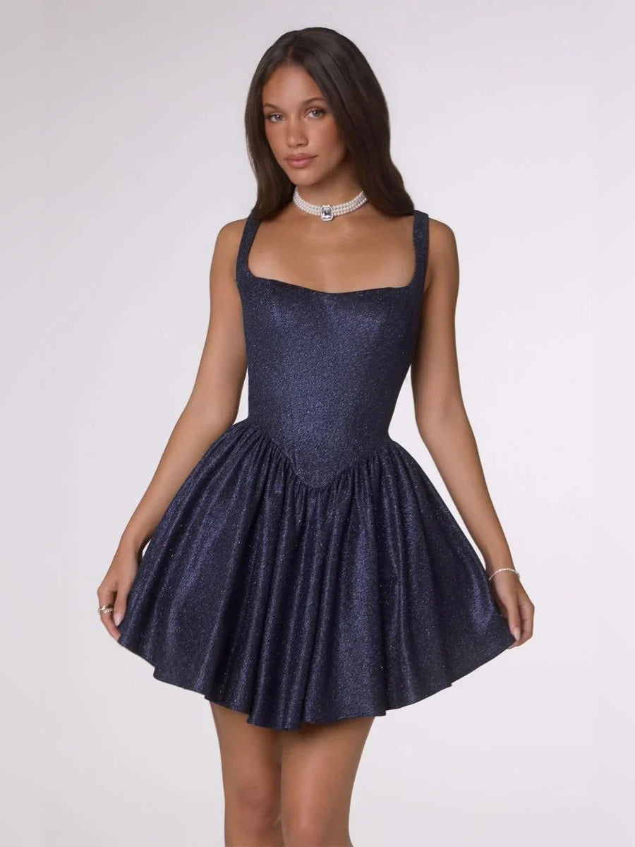 Navy Blue mini homecoming dress, alternate view showing the full-length profile