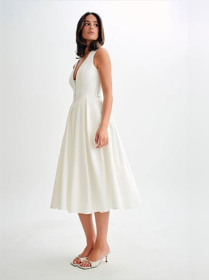 White midi formal dress, alternate view showing the hem