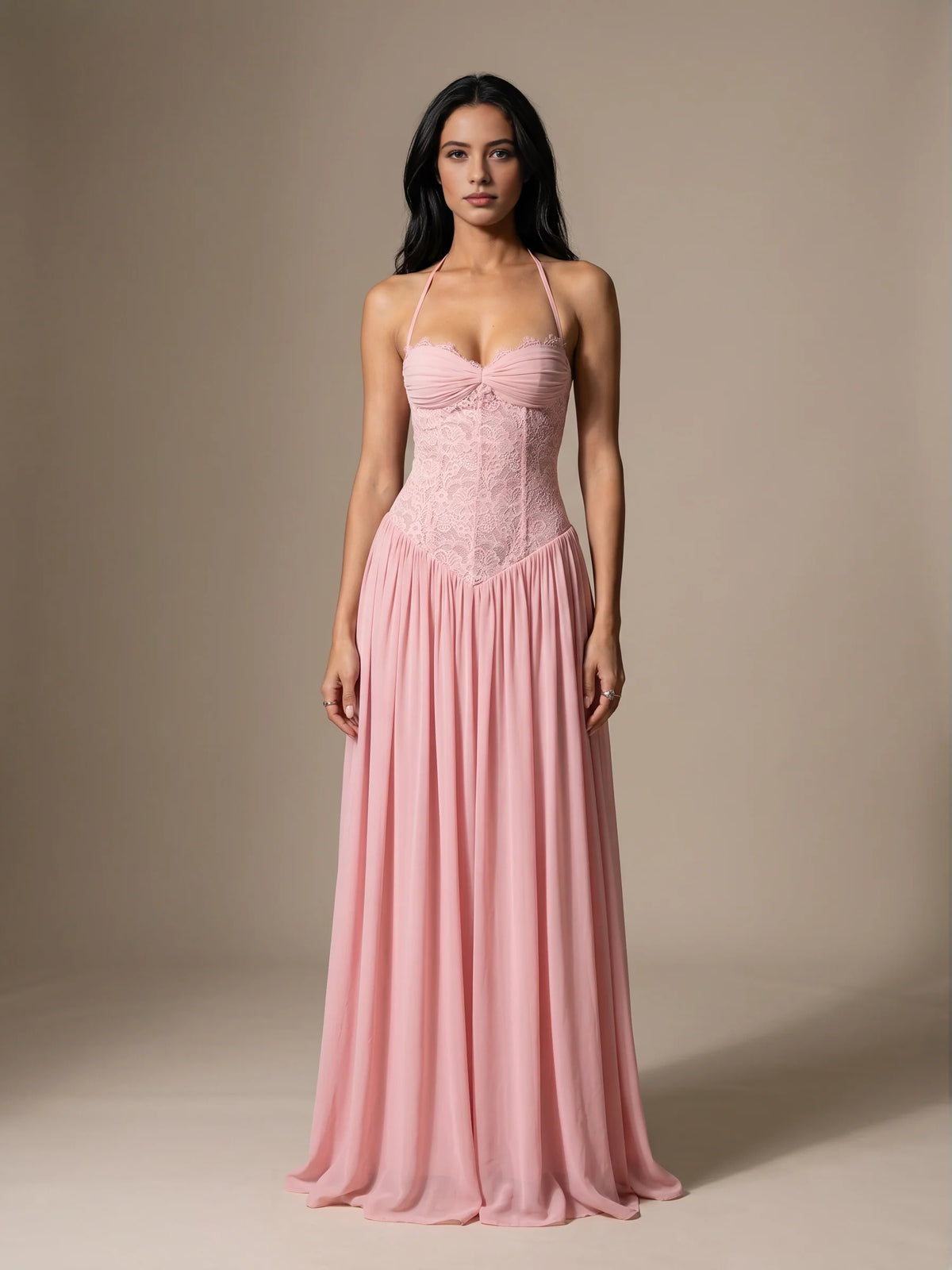 Blush Pink maxi bridesmaid dress, alternate view showing the full-length profile