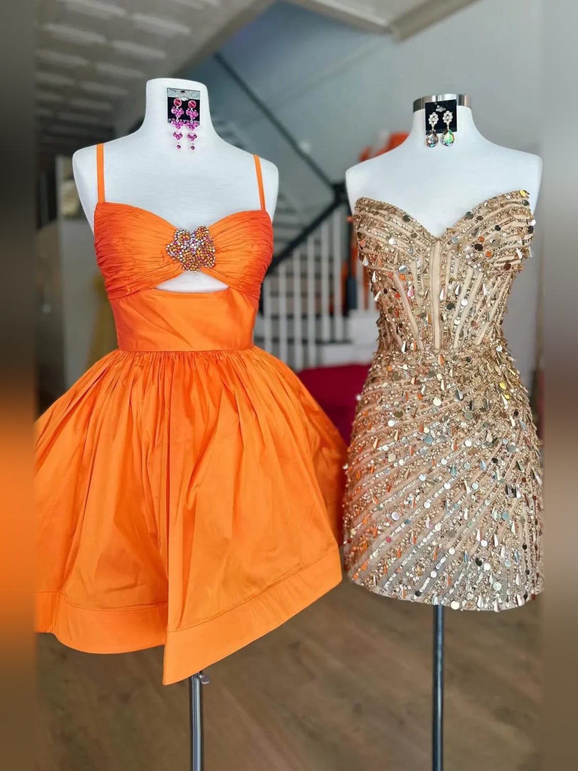 Orange short homecoming dress, alternate view showing the full-length profile