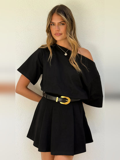 Black mini homecoming dress, alternate view showing the full-length profile