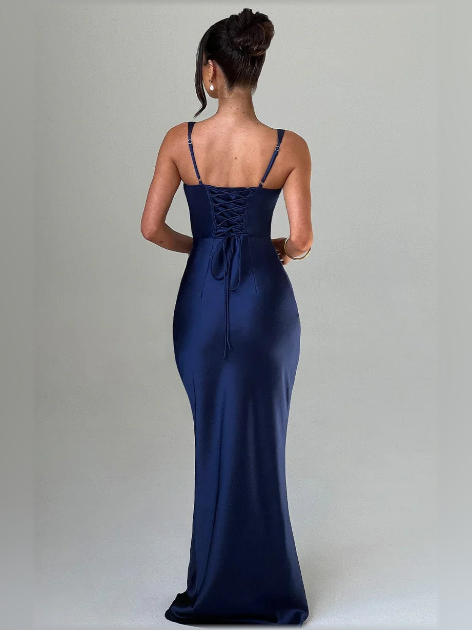 Black mermaid floor-length formal dress with corset-style bodice, alternate view showing the hem