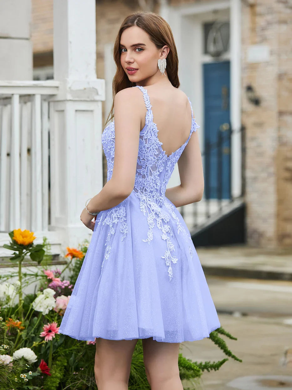 Light Blue mini homecoming dress, alternate view showing the full-length profile