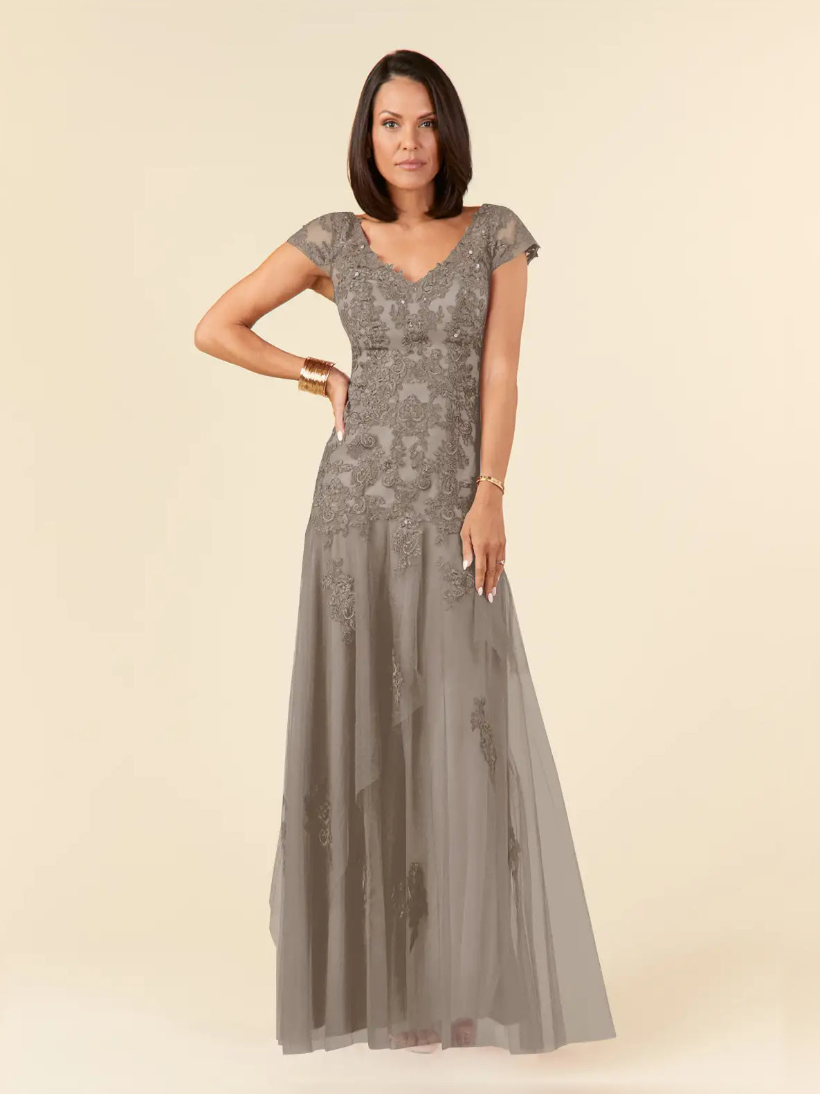 Taupe floor-length mother of the bride dress, alternate view showing the full-length profile