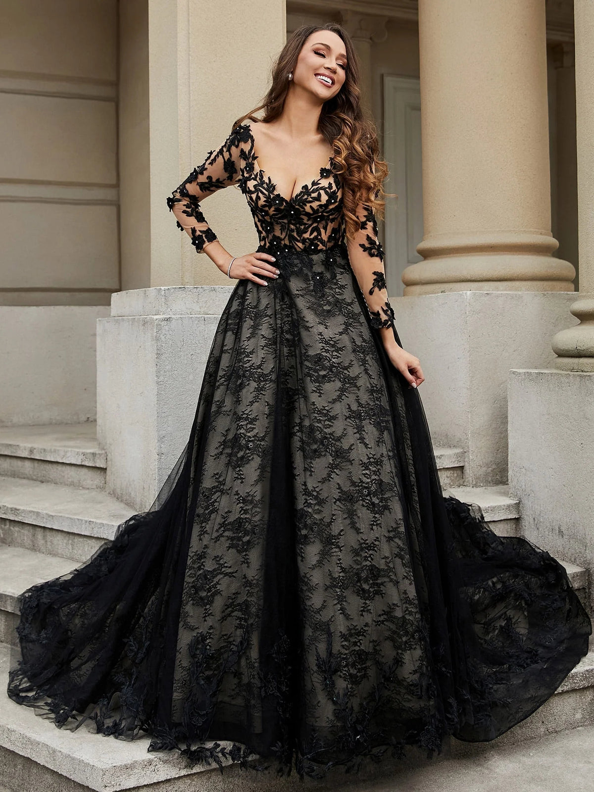 Black floor-length wedding dress, alternate view showing the full-length profile