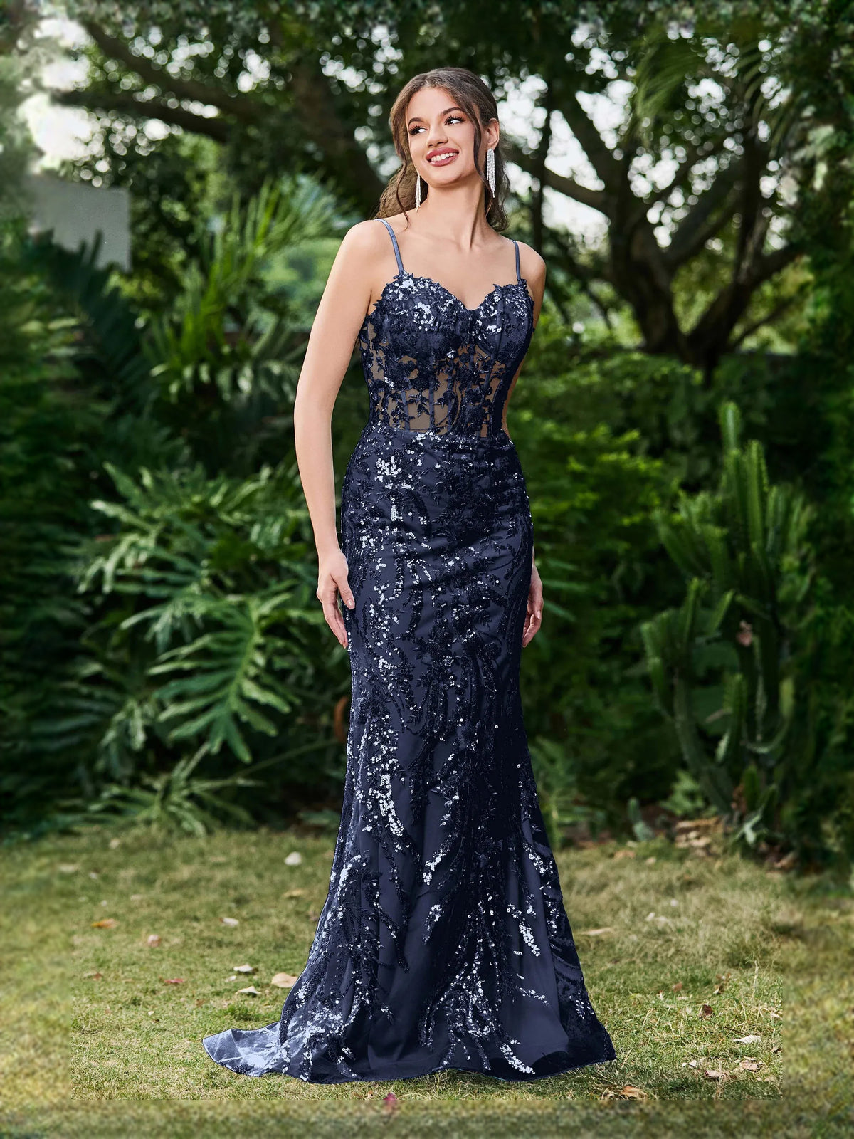 Navy Blue floor-length prom dress, alternate view showing the full-length profile
