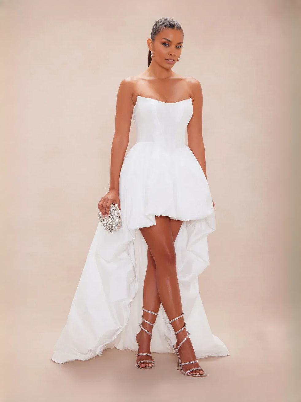 White high-low prom dress, alternate view showing the full-length profile