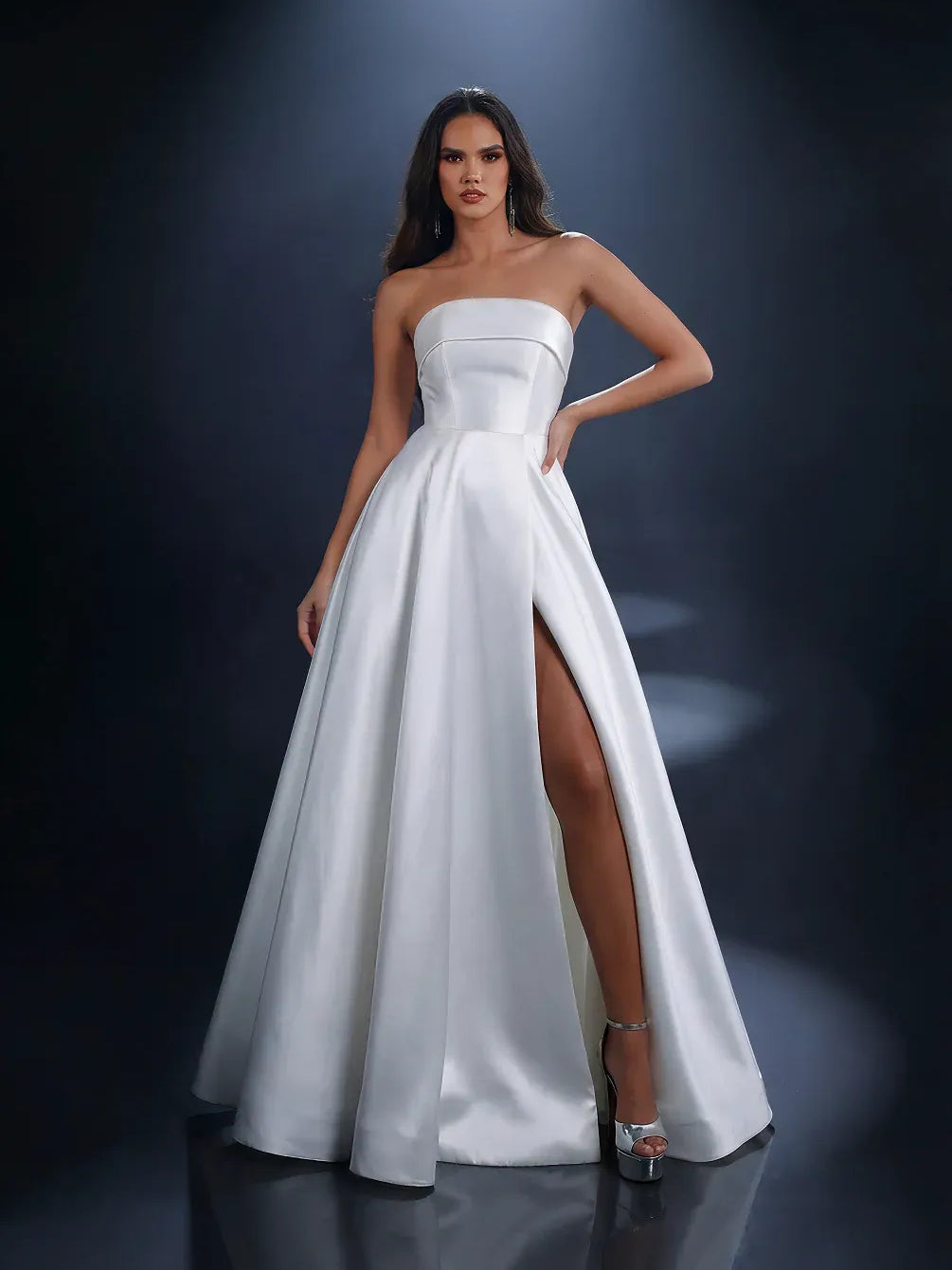 White a-line floor-length formal dress with skirt slit, alternate view