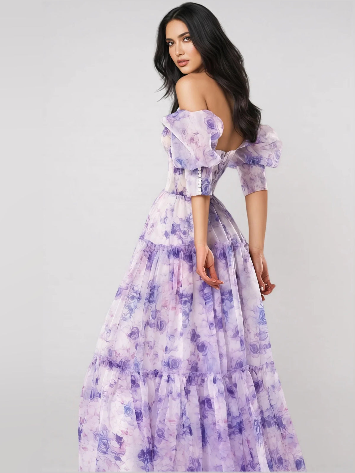 Lilac maxi prom dress, alternate view showing the full-length profile