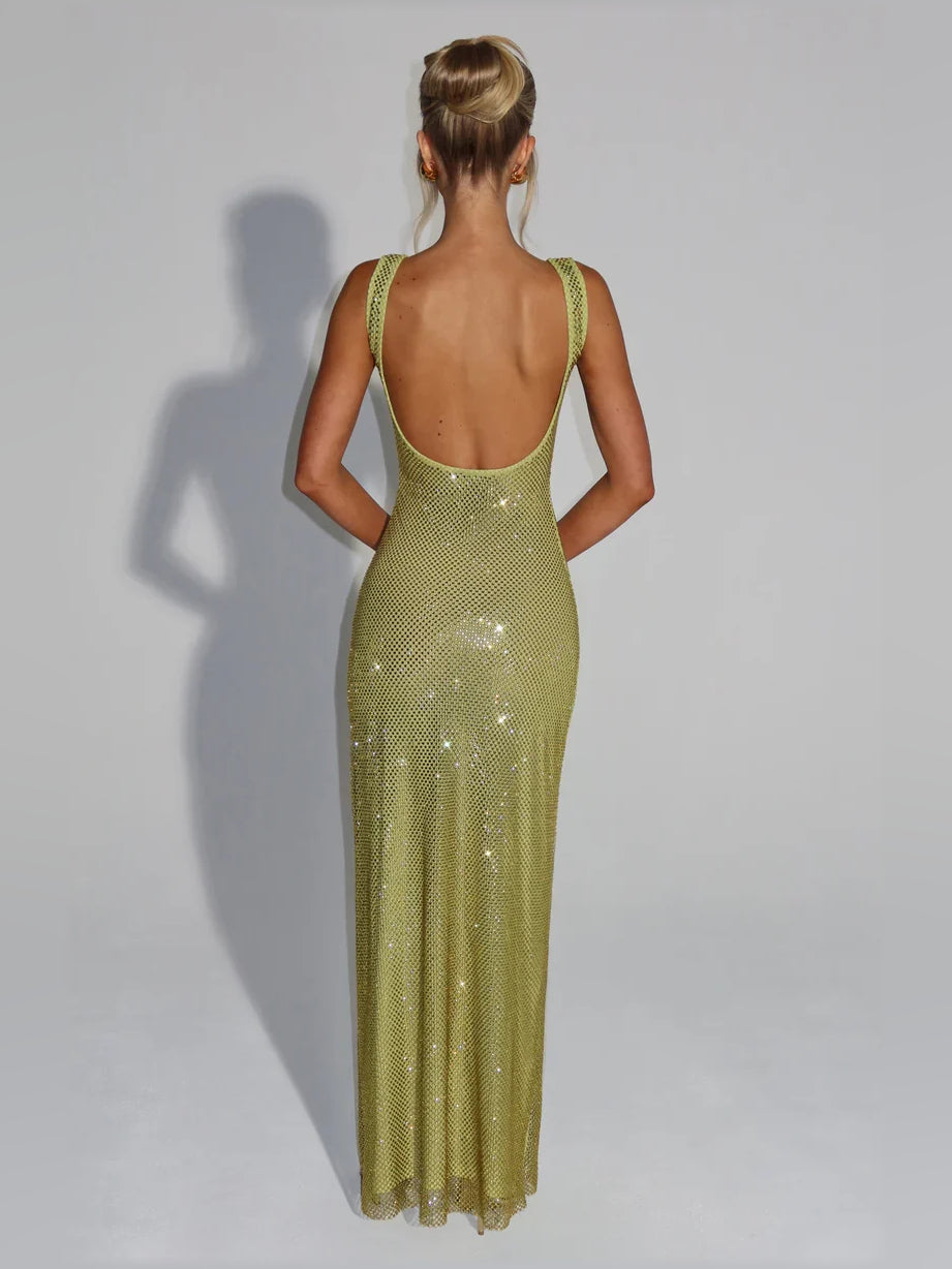Gold mermaid floor-length formal dress with square neckline, alternate view showing the hem