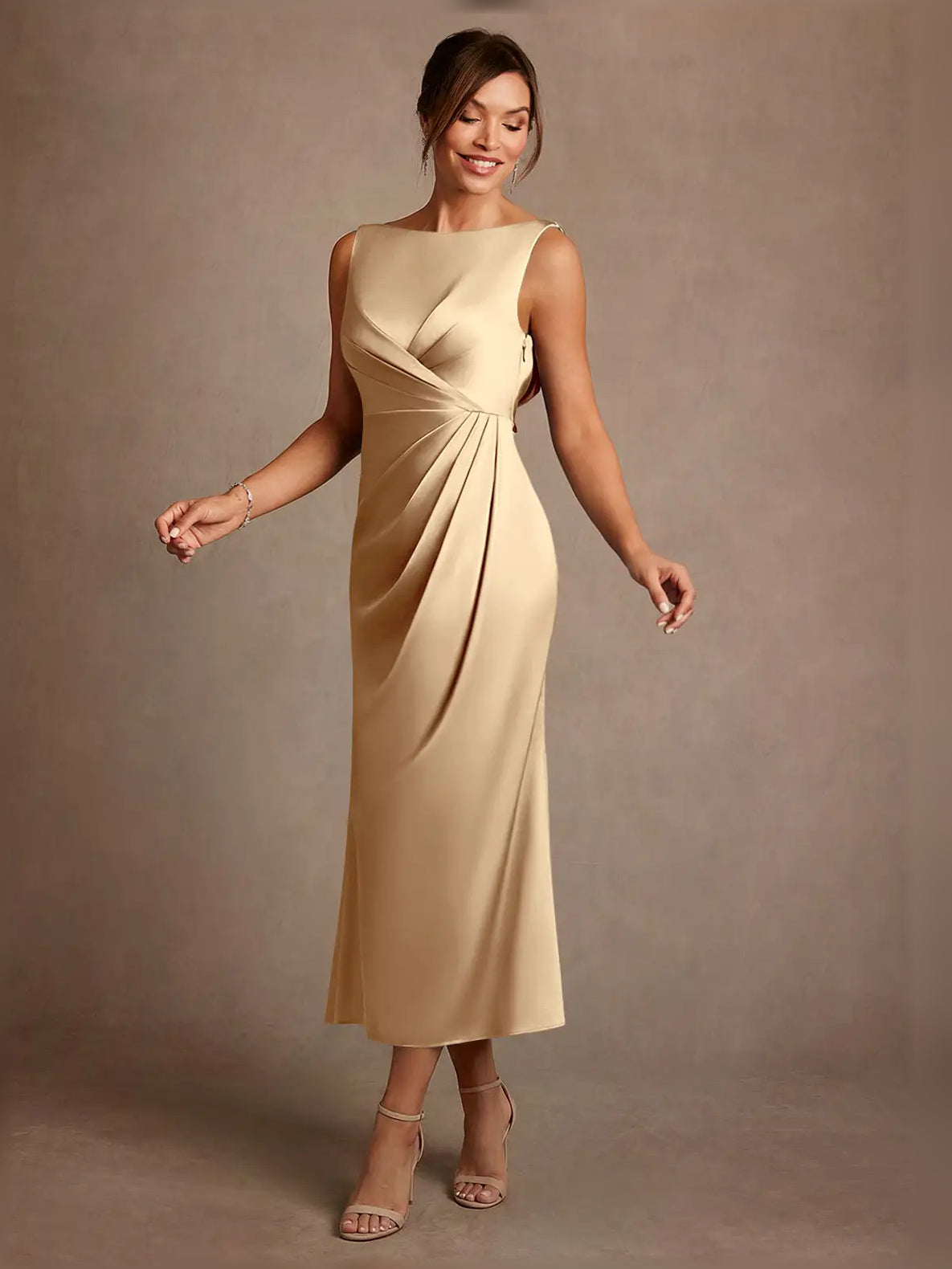 Champagne midi mother of the bride dress, alternate view showing the full-length profile