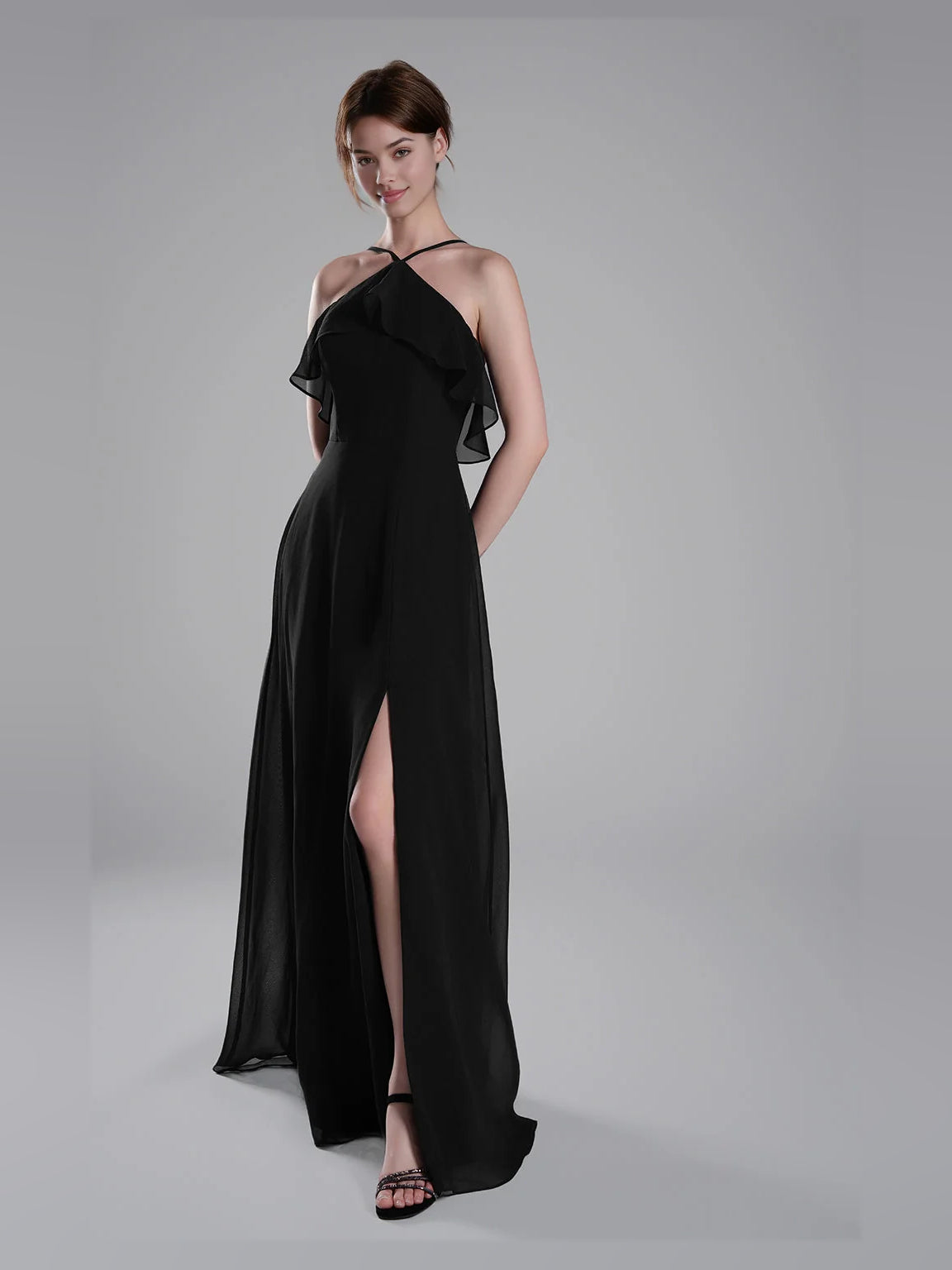 Black floor-length bridesmaid dress, alternate view showing the full-length profile