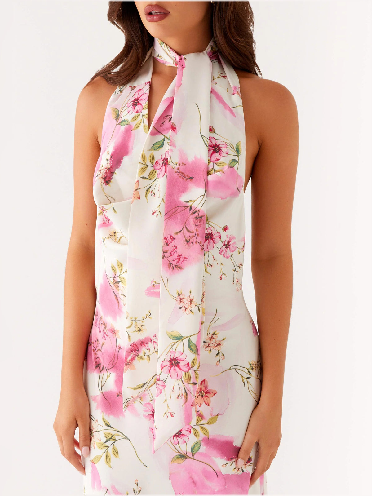 Ivory Floral midi formal dress with floral print, alternate view showing the hem