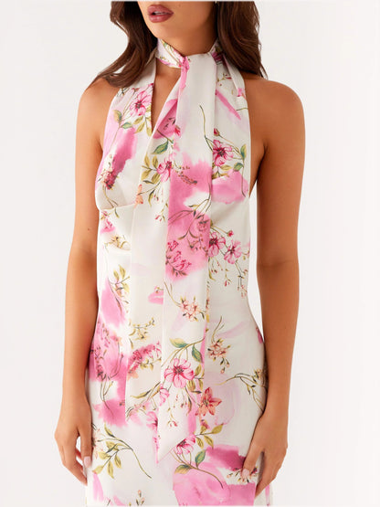 Ivory Floral midi formal dress with floral print, alternate view showing the hem