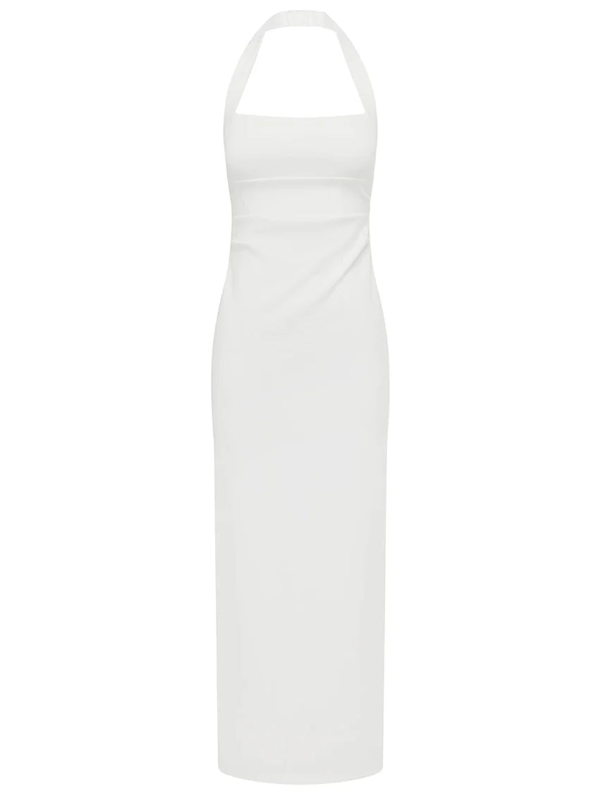 WHITE midi formal dress with halter neckline, alternate view showing the hem