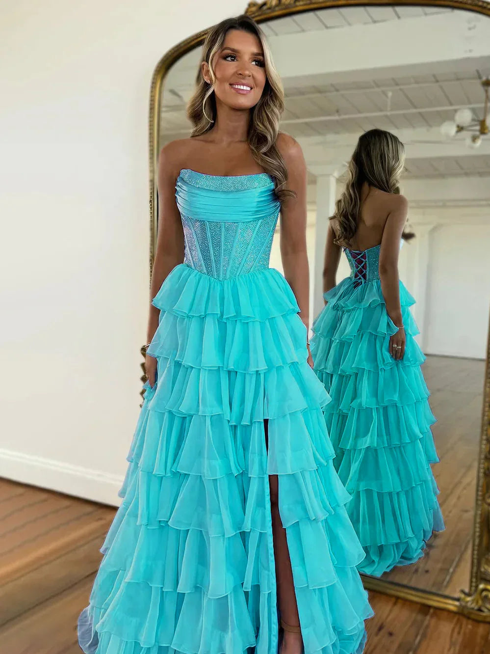 Aqua maxi prom dress, alternate view showing the full-length profile