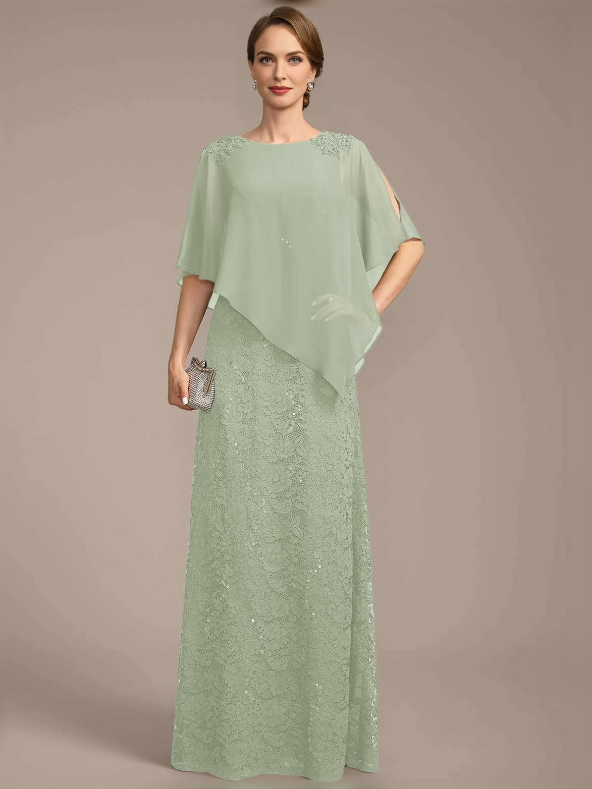 Mint Green floor-length mother of the bride dress, alternate view showing the full-length profile