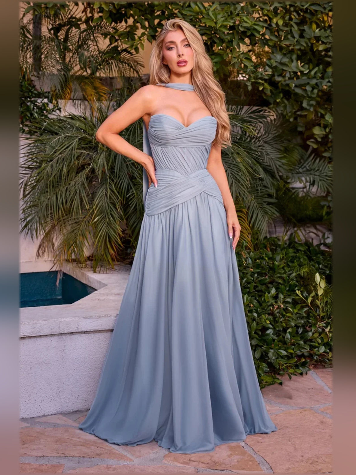 Dusty Blue a-line floor-length formal dress with draping, alternate view