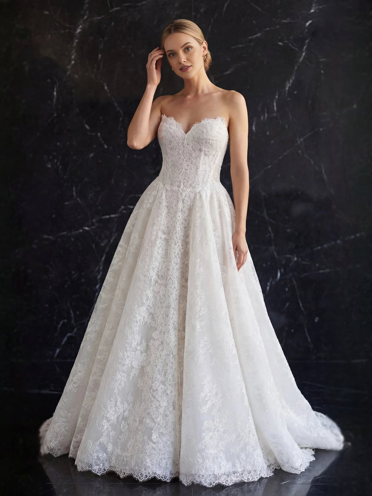 Ivory floor-length wedding dress, alternate view showing the full-length profile