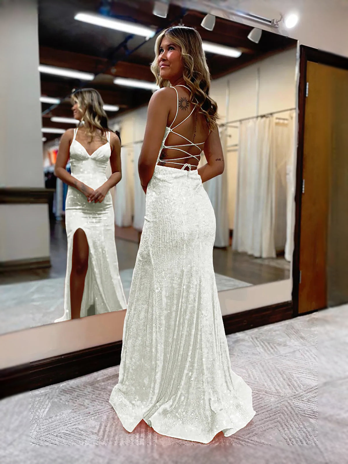 Orange floor-length prom dress, alternate view showing the full-length profile