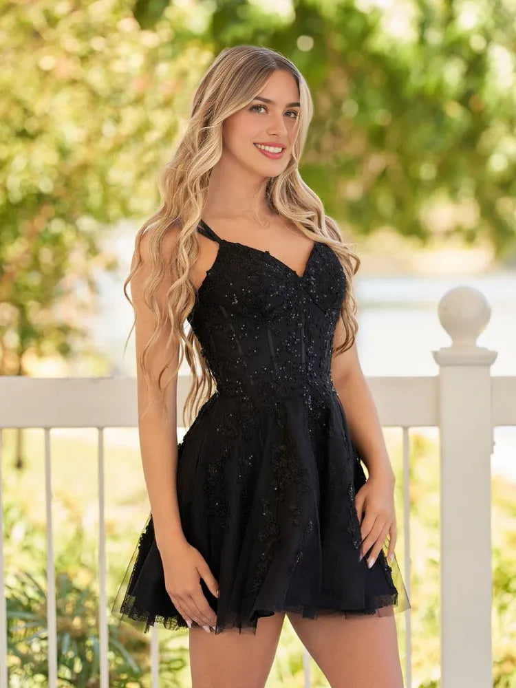 Navy Blue mini homecoming dress, alternate view showing the full-length profile