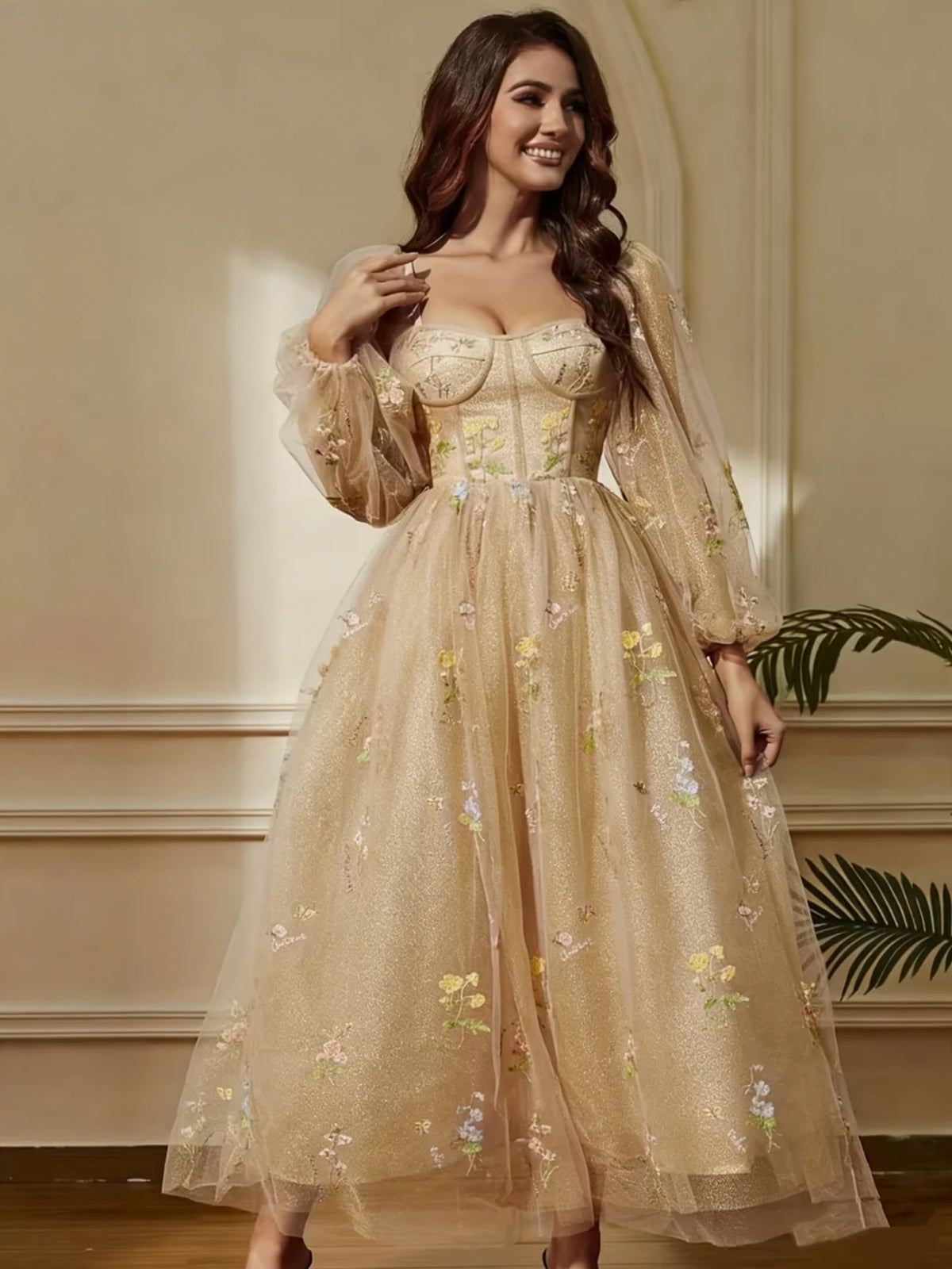 Champagne midi prom dress, alternate view showing the full-length profile