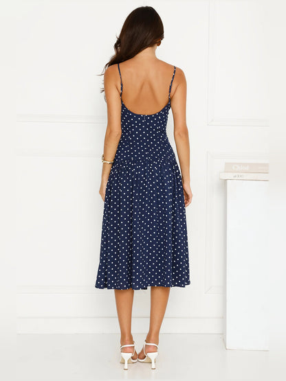 Navy midi formal dress with printed pattern, alternate view showing the hem