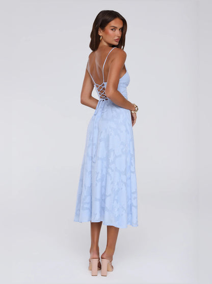 Blue midi formal dress, alternate view showing the hem