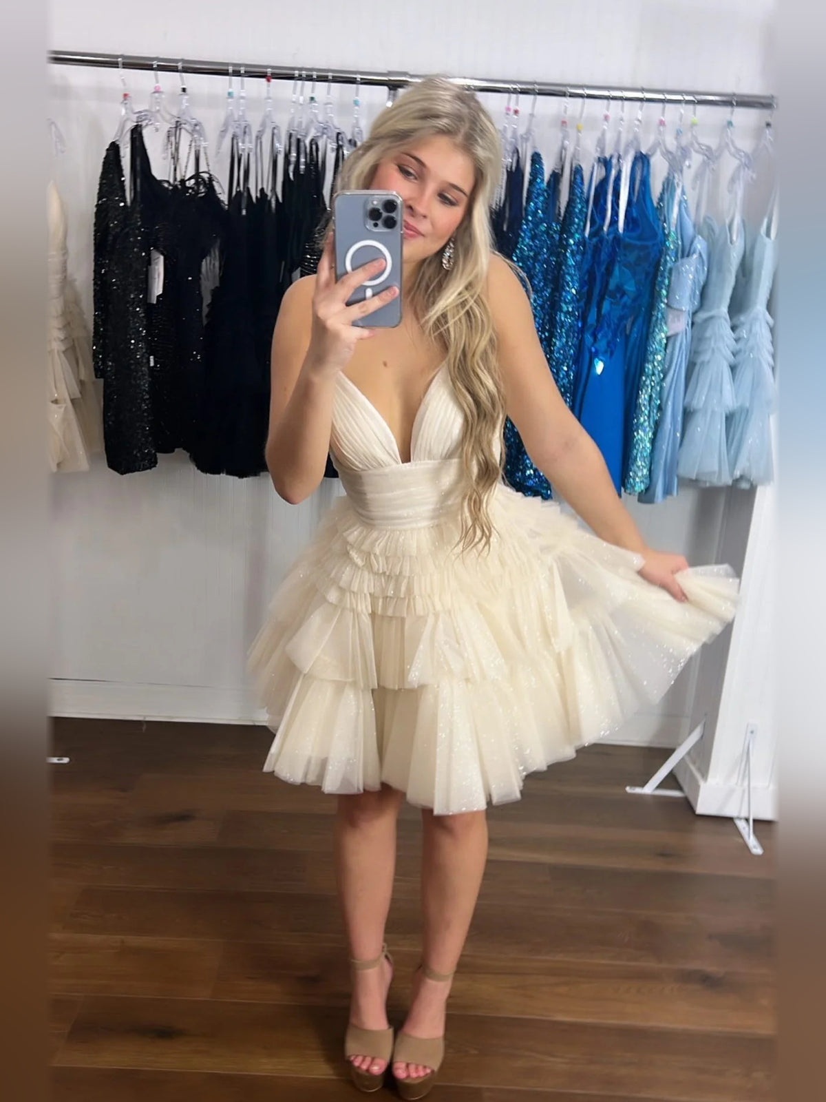 Pale Lemon mini homecoming dress, alternate view showing the full-length profile
