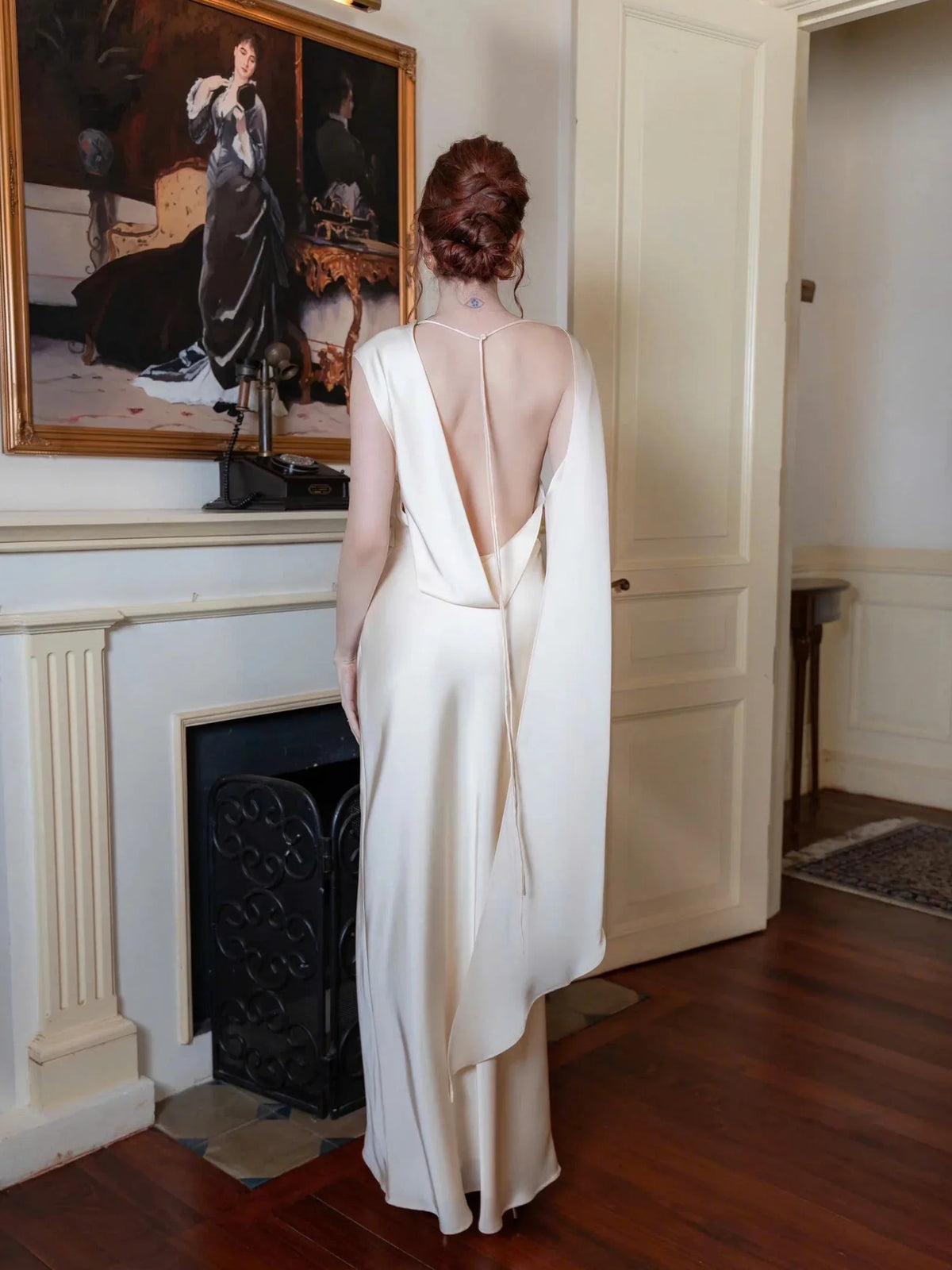Ivory midi wedding dress, alternate view showing the full-length profile