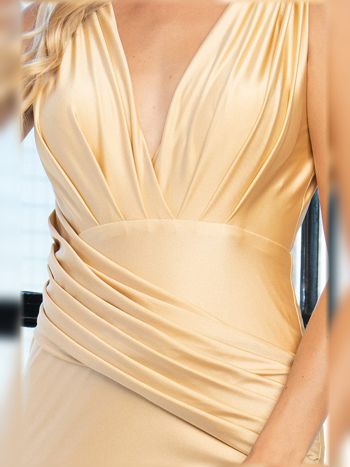 Navy Blue mermaid floor-length formal dress with ruching, alternate view showing the hem