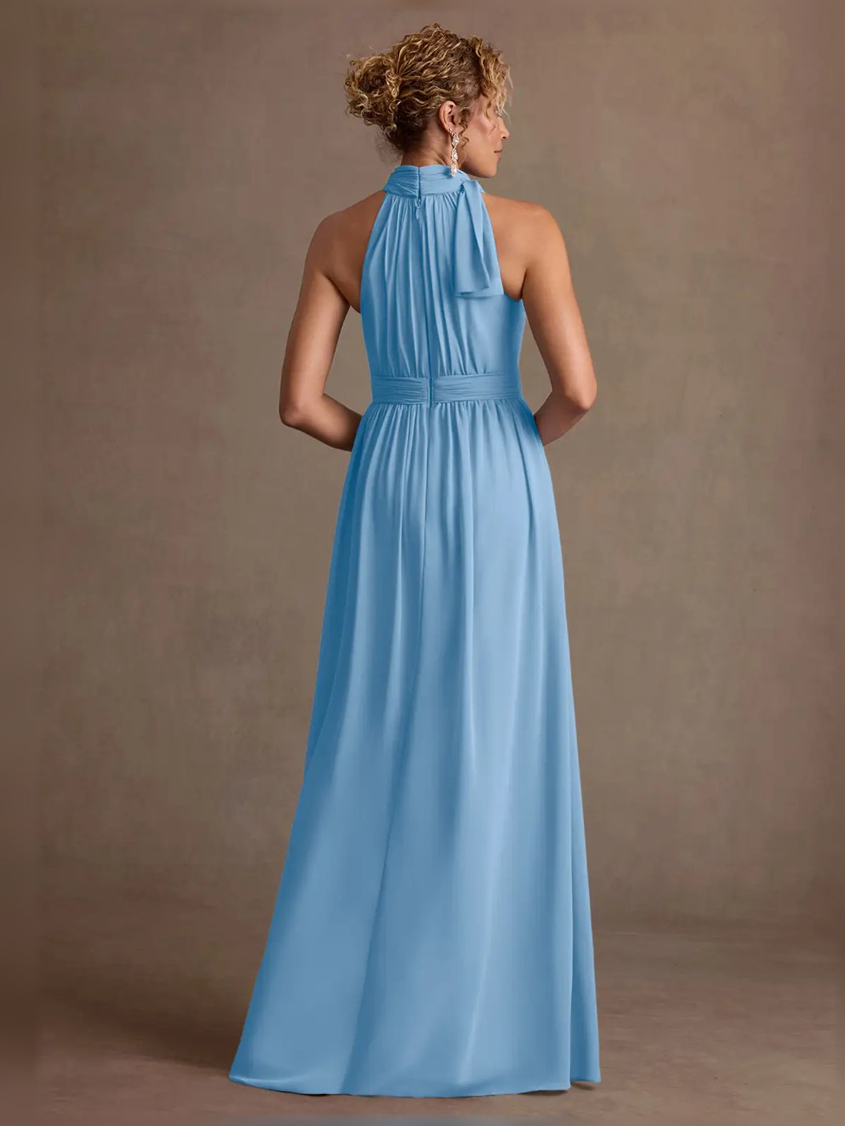 Navy Blue a-line floor-length formal dress with bow detail, alternate view showing the hem