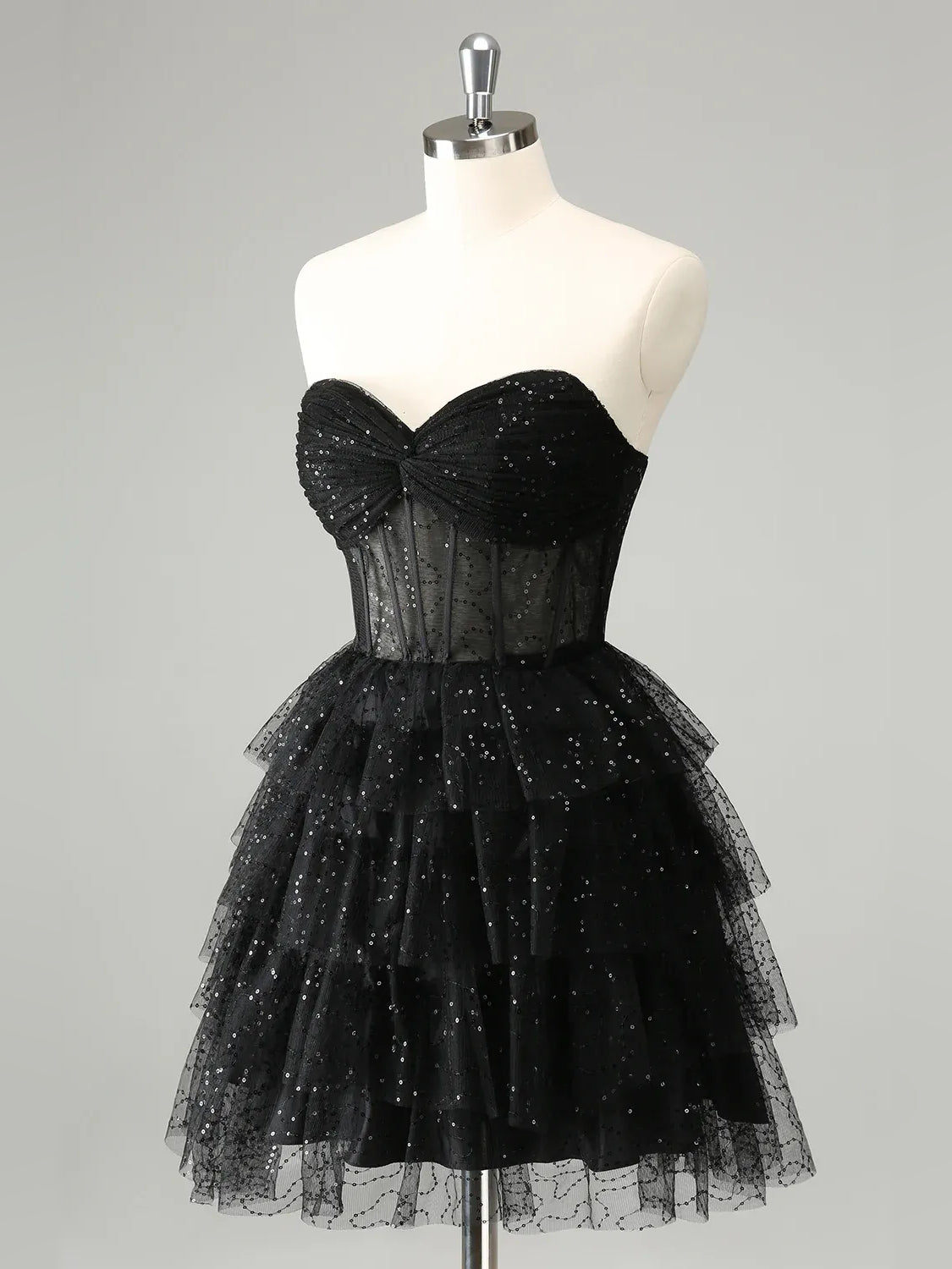 Black mini homecoming dress, alternate view showing the full-length profile