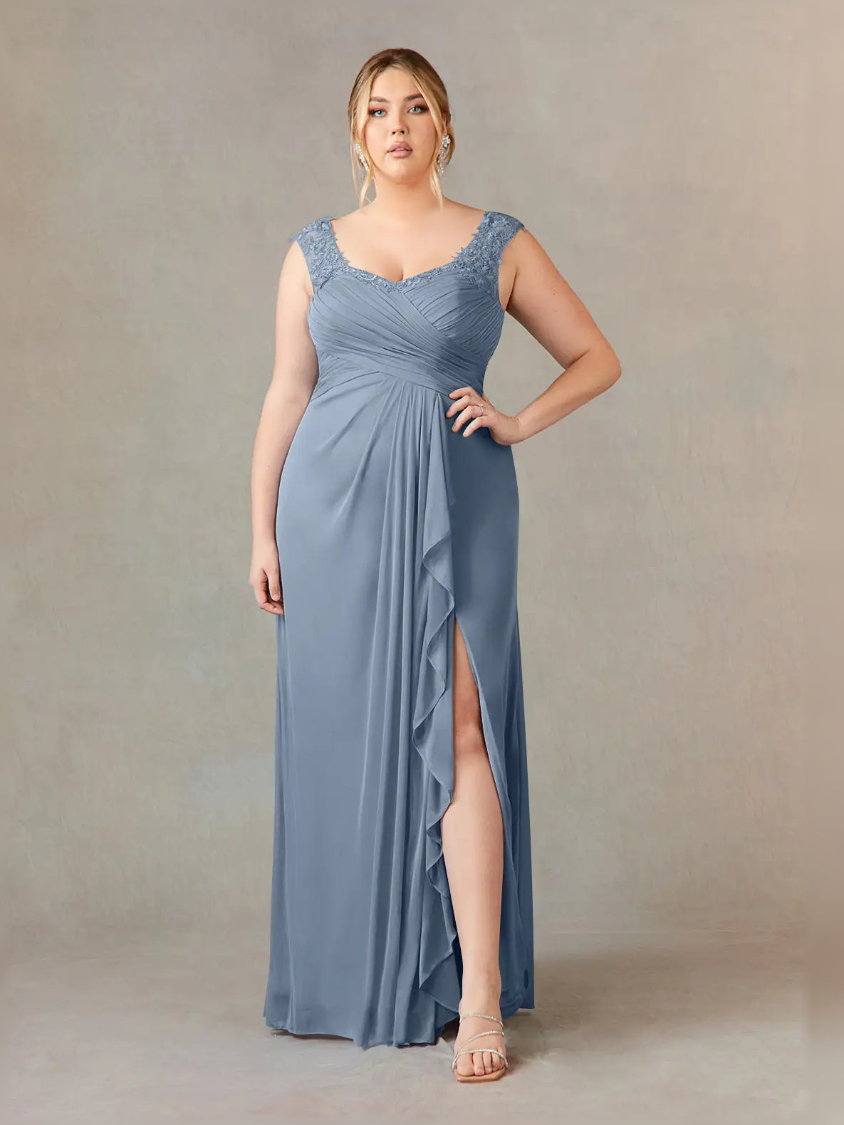 Dusty Blue maxi mother of the bride dress, alternate view showing the full-length profile