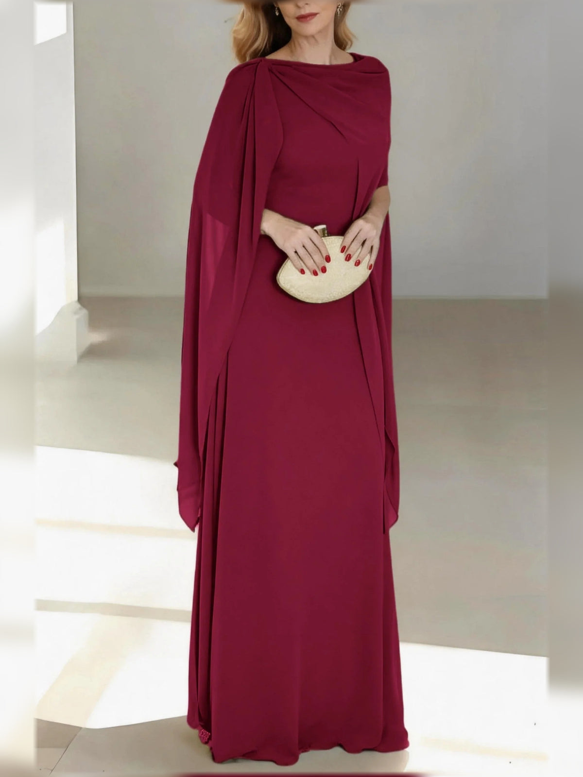 Burgundy floor-length mother of the bride dress, alternate view showing the full-length profile