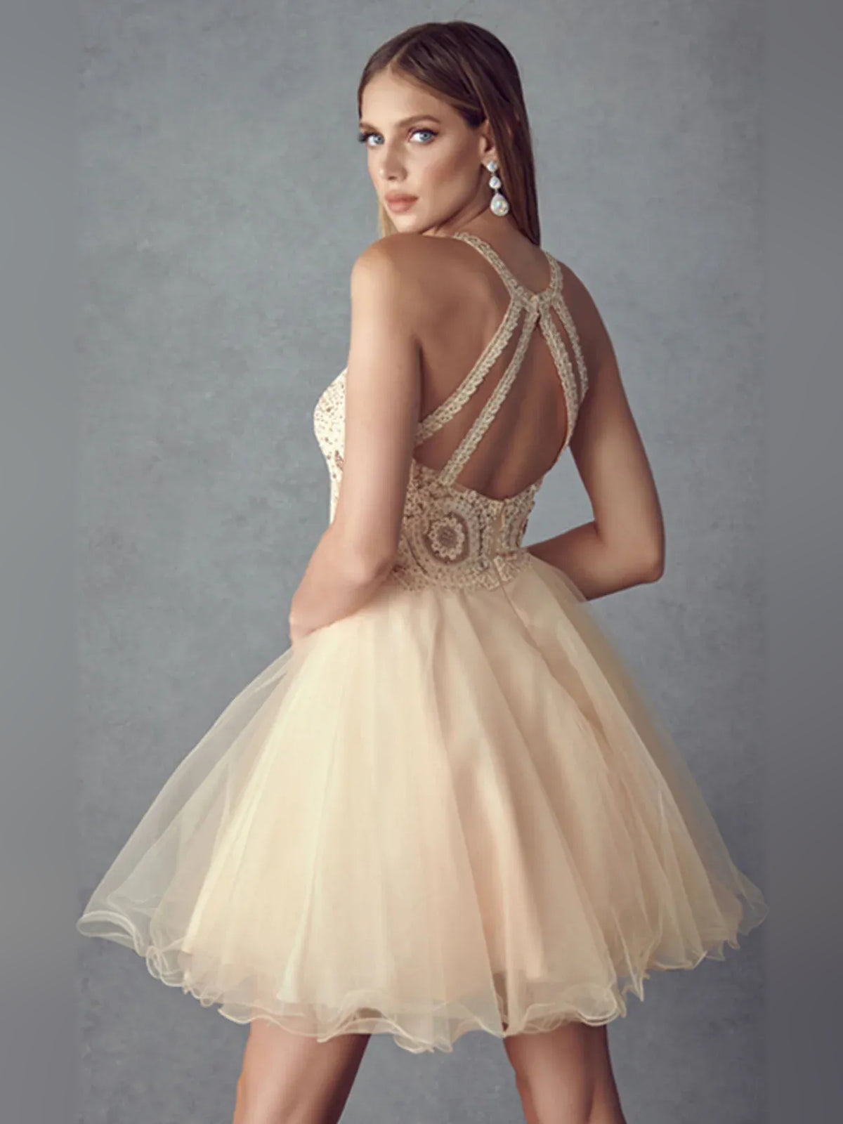 White short homecoming dress, alternate view showing the full-length profile