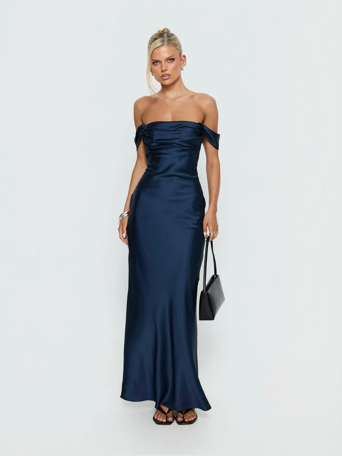 Navy Blue maxi prom dress, alternate view showing the full-length profile