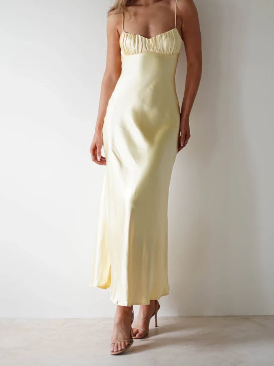 Yellow maxi bridesmaid dress, alternate view showing the full-length profile