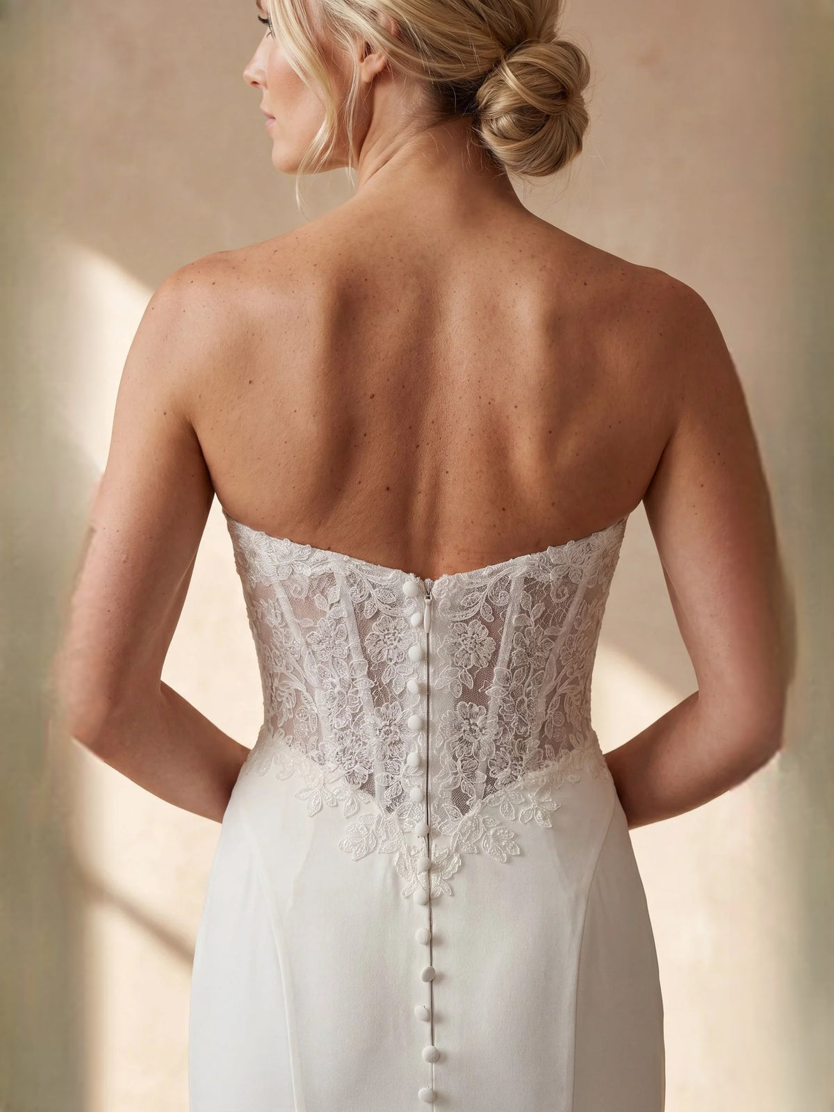 Ivory floor-length wedding dress, alternate view showing the full-length profile