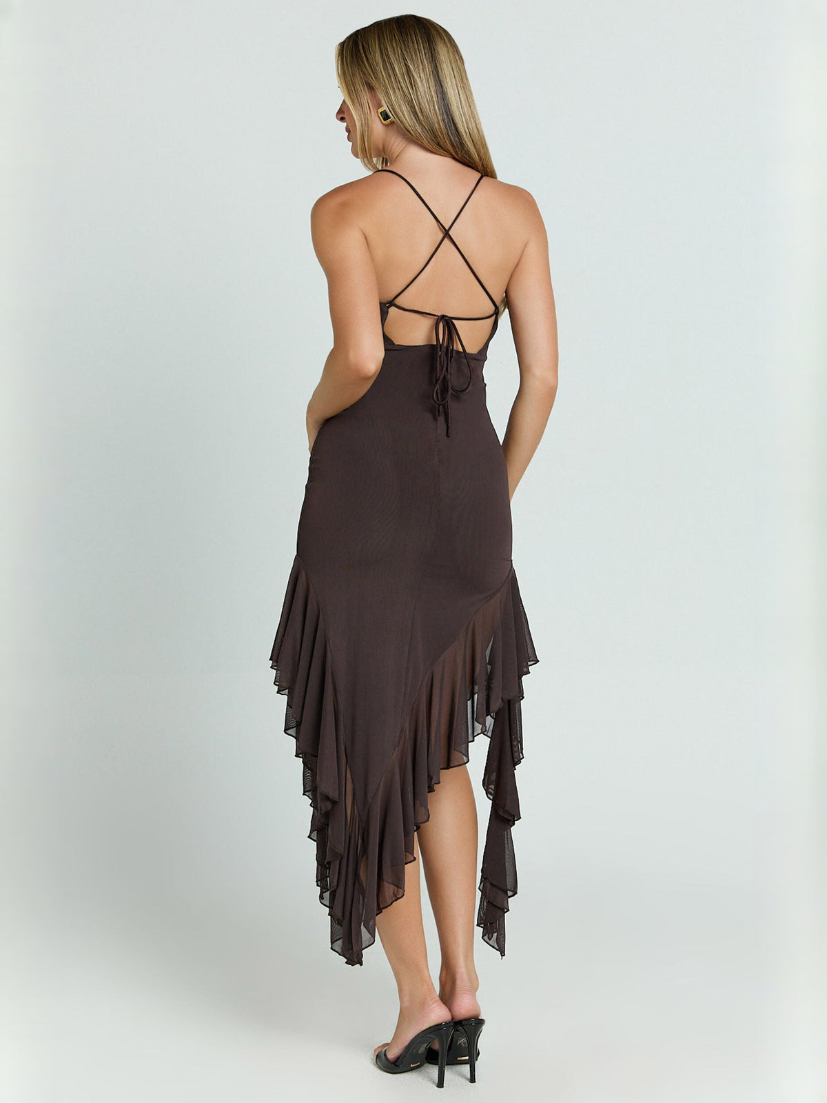 Chocolate midi formal dress with ruffle details, alternate view showing the hem