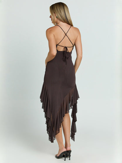 Chocolate midi formal dress with ruffle details, alternate view showing the hem