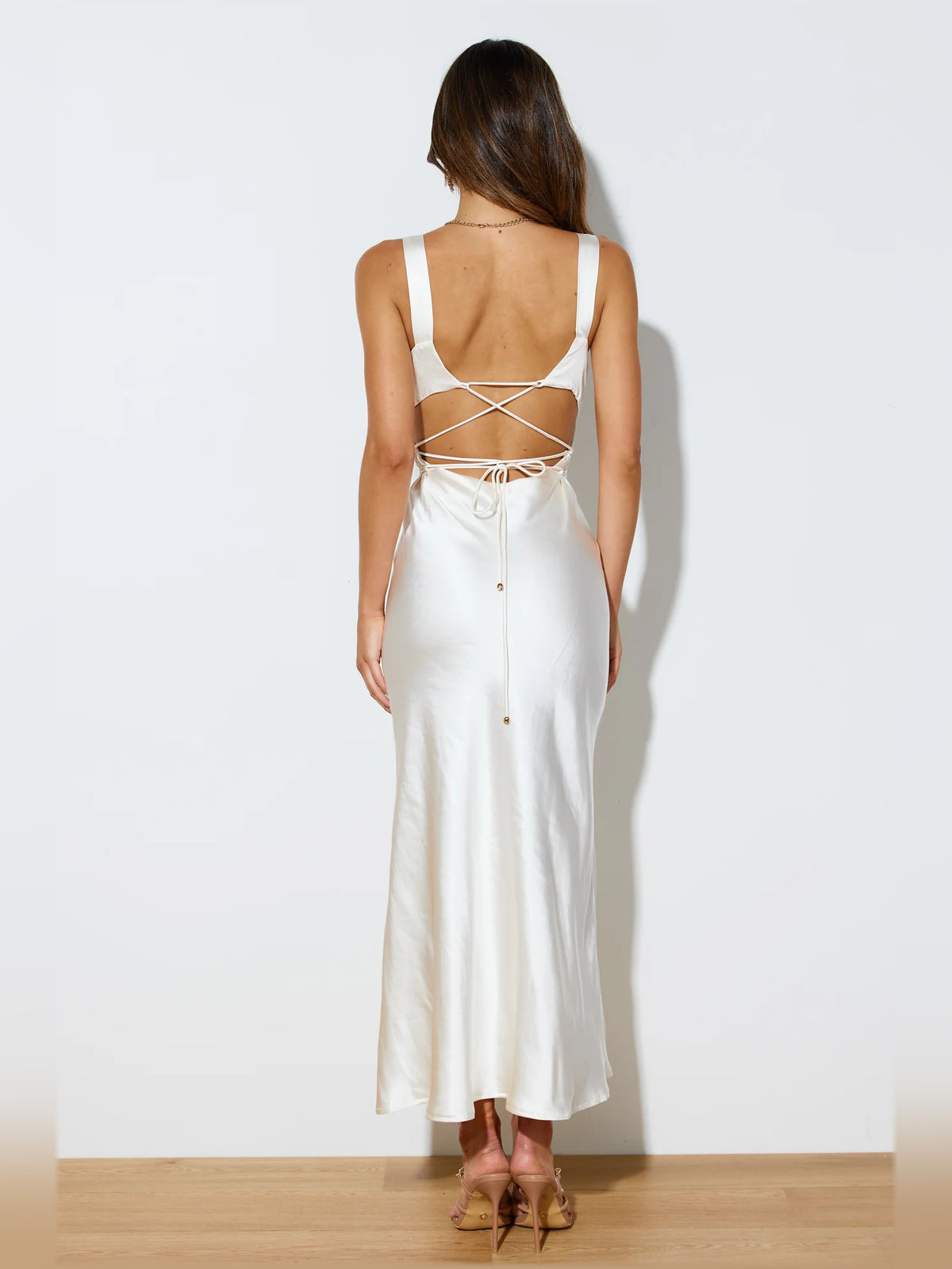 Cream midi formal dress, alternate view showing the hem