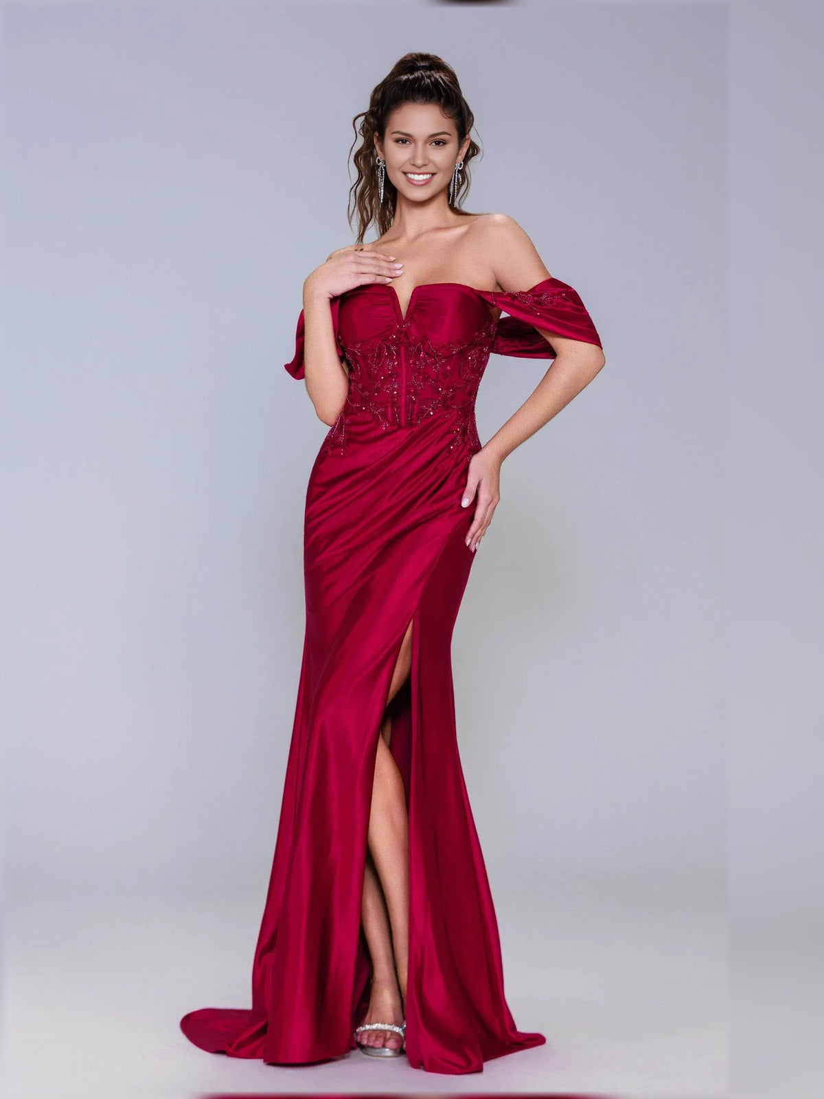 Deep Red sheath floor-length formal dress with draping, alternate view showing the hem