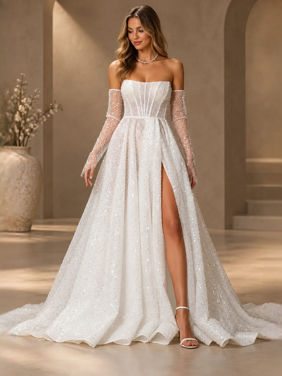 Ivory floor-length wedding dress, alternate view showing the full-length profile