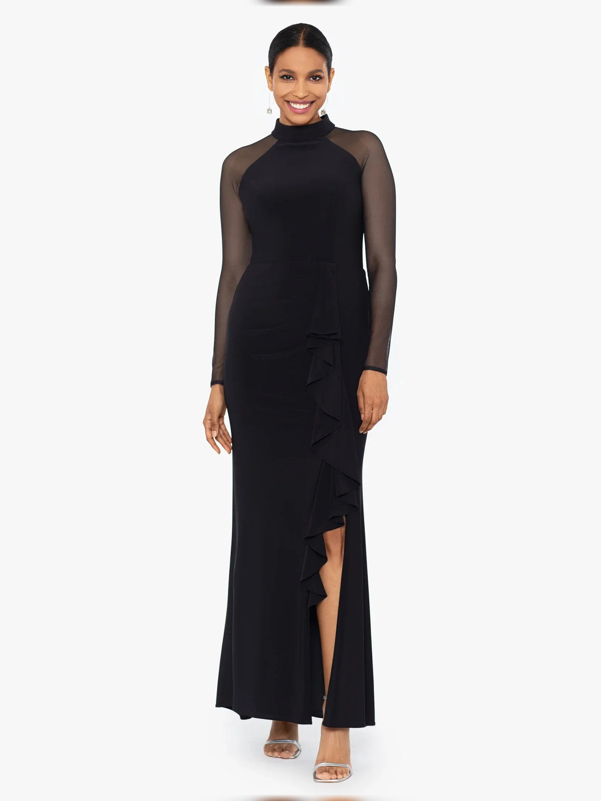 Black maxi mother of the bride dress, alternate view showing the full-length profile
